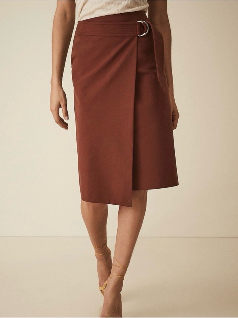 Reiss Larkby Wrap Front Midi Pencil Skirt Rust Belted Quiet Luxury Minimalist 4